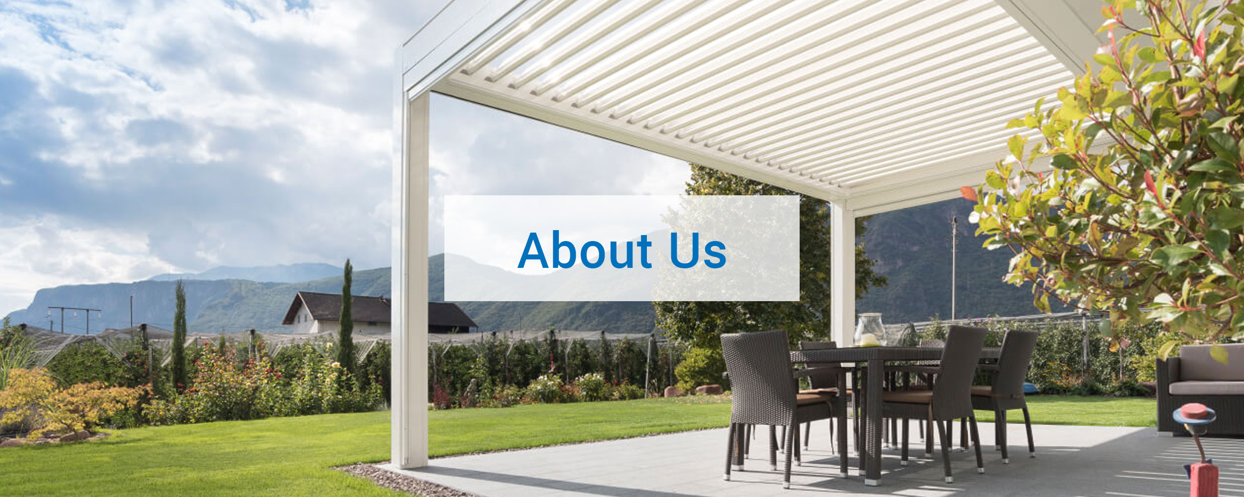 "About Us" text box over KE outdoor shade system image